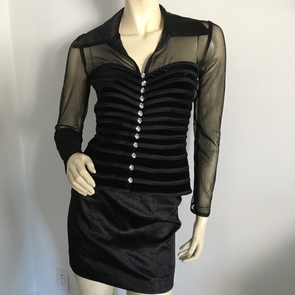 New JS Collections Black mesh & velvet evening top - Picture 3 of 8